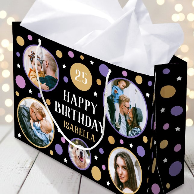 Happy Birthday Photo Collage Any Age 25th Purple Large Gift Bag (Creator Uploaded)