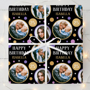Happy Birthday Photo Collage Any Age 25th Purple Wrapping Paper