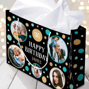 Happy Birthday Photo Collage Any Age 30th Teal Large Gift Bag