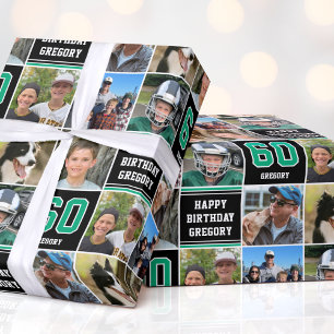 Happy Birthday Photo Collage Any Age Green Black Wrapping Paper