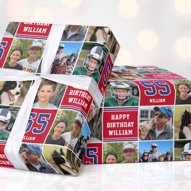 Happy Birthday Photo Collage Any Age Navy Crimson Wrapping Paper (Creator Uploaded)