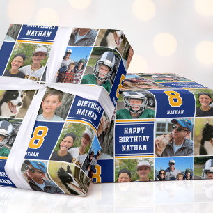 Happy Birthday Photo Collage Any Age Navy Gold Wrapping Paper