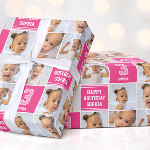 Happy Birthday Photo Collage Any Age Pink White Wrapping Paper