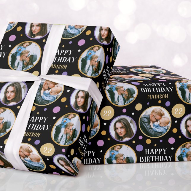 Happy Birthday Photo Collage Any Age Purple Wrapping Paper (Creator Uploaded)