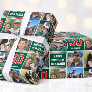 Happy Birthday Photo Collage Any Age Red Green Wrapping Paper