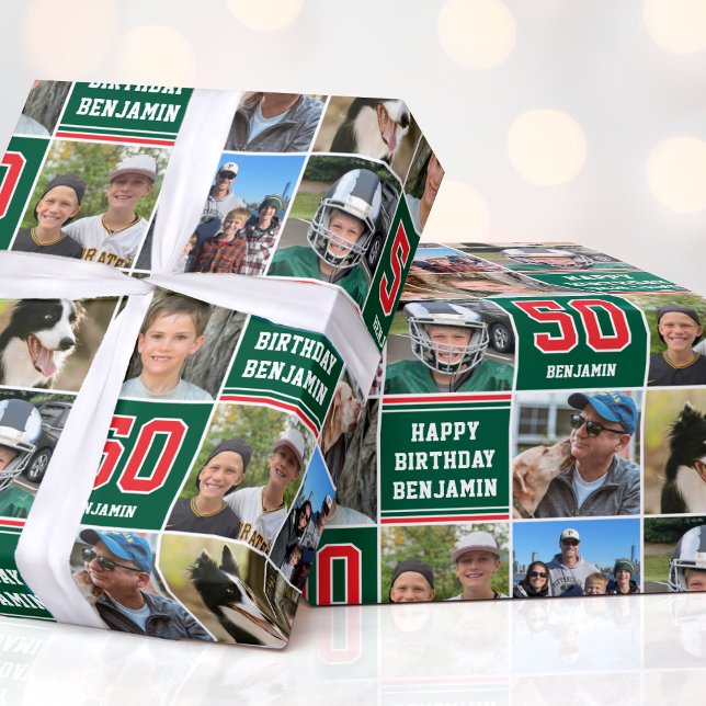 Happy Birthday Photo Collage Any Age Red Green Wrapping Paper (Creator Uploaded)