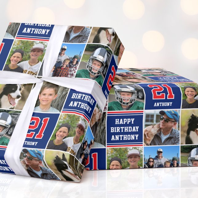 Happy Birthday Photo Collage Any Age Red Navy Wrapping Paper (Creator Uploaded)