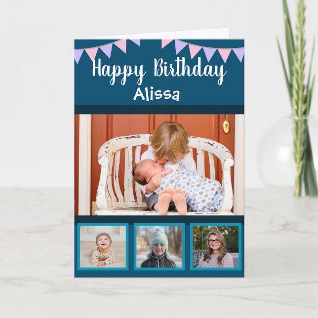 Happy Birthday Photo Collage Custom Name Bunting Card (Front)