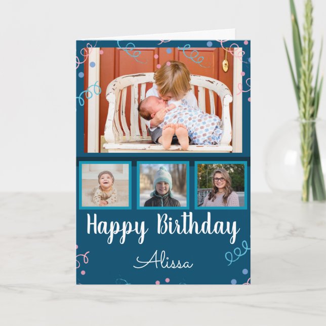 Happy Birthday Photo Collage Custom Name Confetti Card (Front)