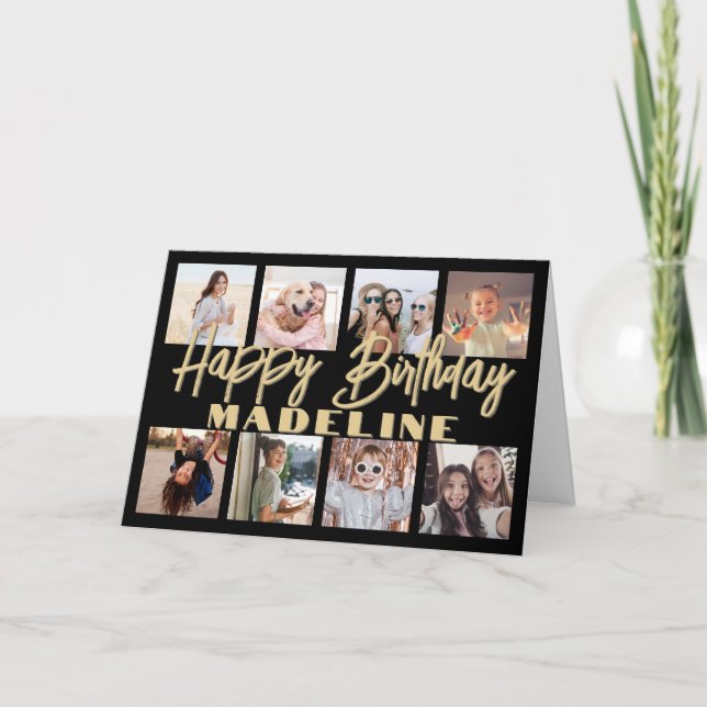 Happy Birthday Photo Collage Elegant Black & Gold Card (Front)