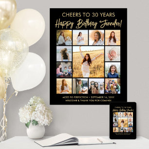 Happy Birthday Photo Collage Modern Black and Gold Poster