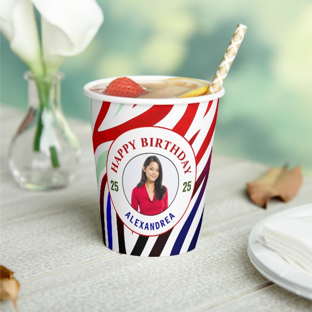 Happy Birthday Photo Colourful Stripes Personalise Paper Cups (Insitu)