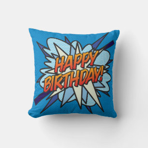 Happy Birthday Photo Fun Modern Comic Book Blue Cushion