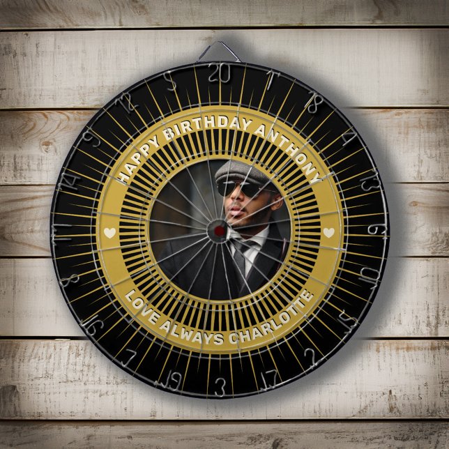 Happy Birthday Photo Gold Black Modern Custom Dartboard (Happy Birthday Photo Gold Black Modern Round Dart Board is elegant for you or birthday gift. )