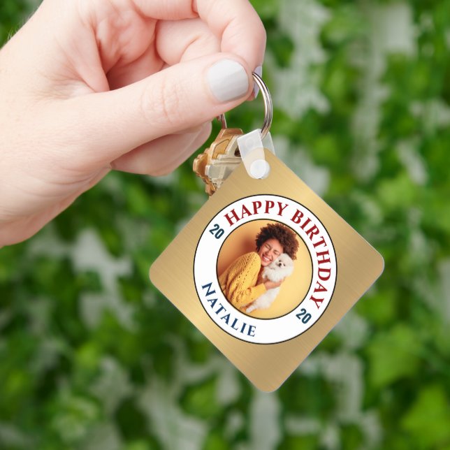 Happy Birthday Photo Gold Elegant Personalize   Key Ring (Hand)