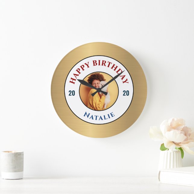Happy Birthday Photo Gold Elegant Personalize   Large Clock (Home)