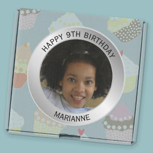 Happy Birthday Photo Kids Metallic Name & Age Classic Round Sticker