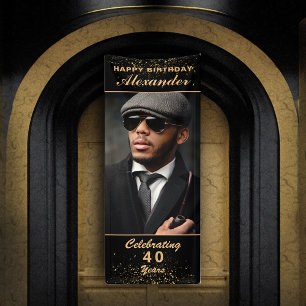Happy Birthday Photo Party Event Gold Black Custom Banner