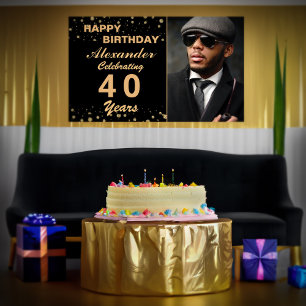 Happy Birthday Photo Party Event Gold Black Custom Poster
