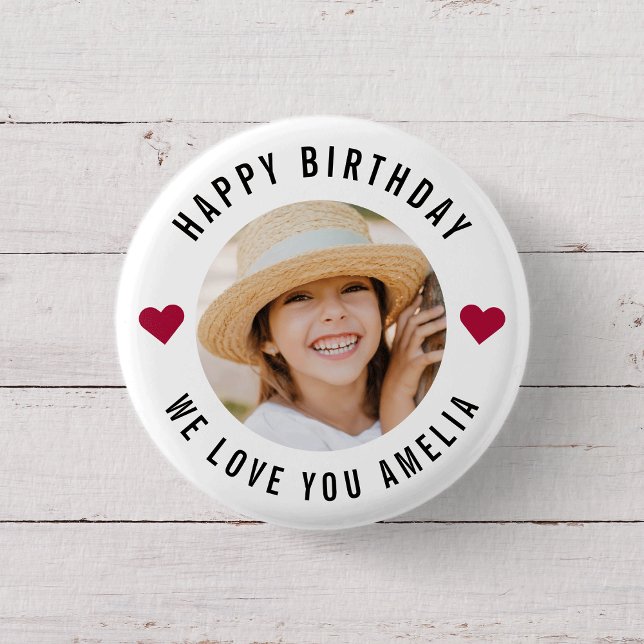 Happy Birthday Photo Simple Chic Modern Hearts 3 Cm Round Badge (Creator Uploaded)