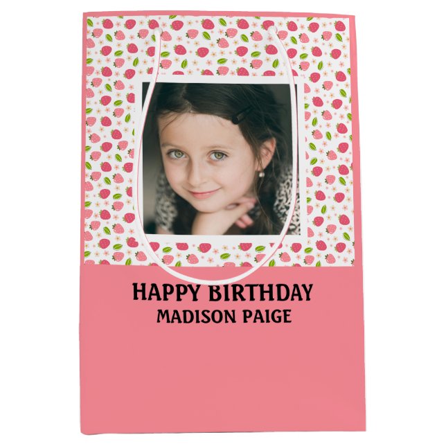 Happy Birthday Photo Strawberry Pink Girls  Medium Gift Bag (Front)