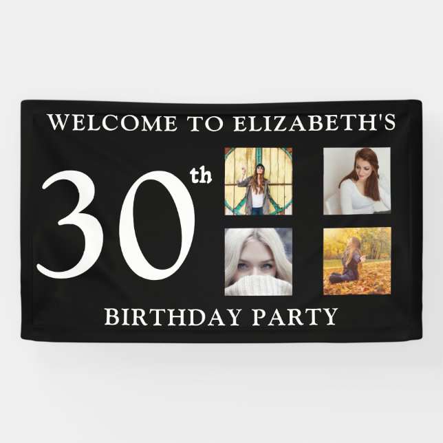 Happy Birthday Photos Party Black And White Banner (Horizontal)