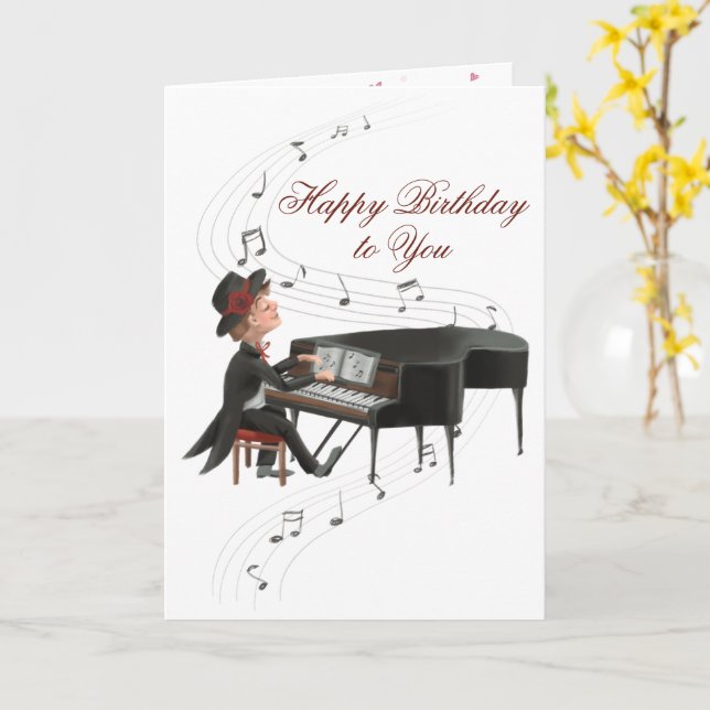 Happy Birthday Piano Man Singing to his Wife Card (Yellow Flower)