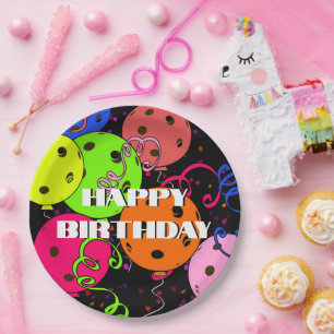 Happy Birthday Pickleball Balloons Confetti Black Paper Plate