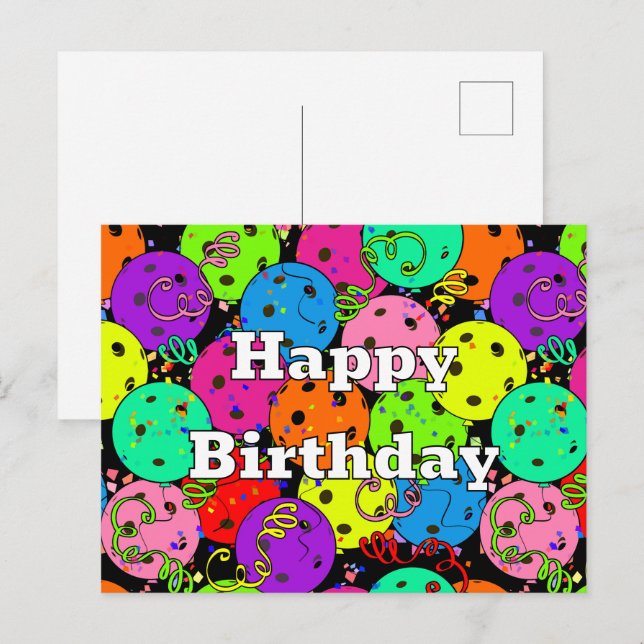 Happy Birthday Pickleball Balloons Confetti Black Postcard (Front/Back)