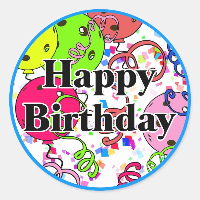 Happy Birthday Pickleball Balloons Confetti White Classic Round Sticker (Front)