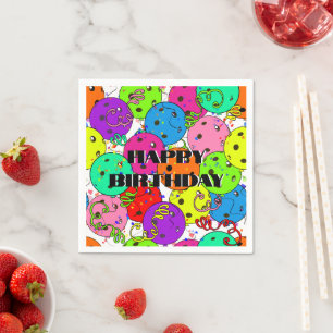 Happy Birthday Pickleball Balloons Confetti White Napkin