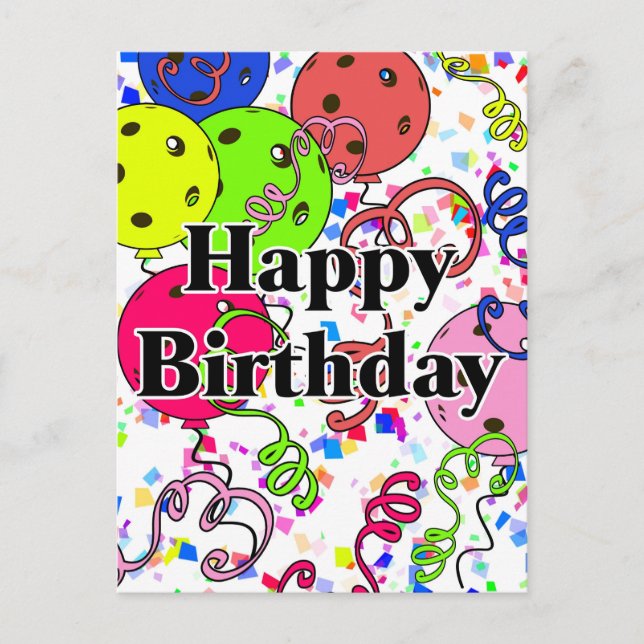 Happy Birthday Pickleball Balloons Confetti White Postcard (Front)