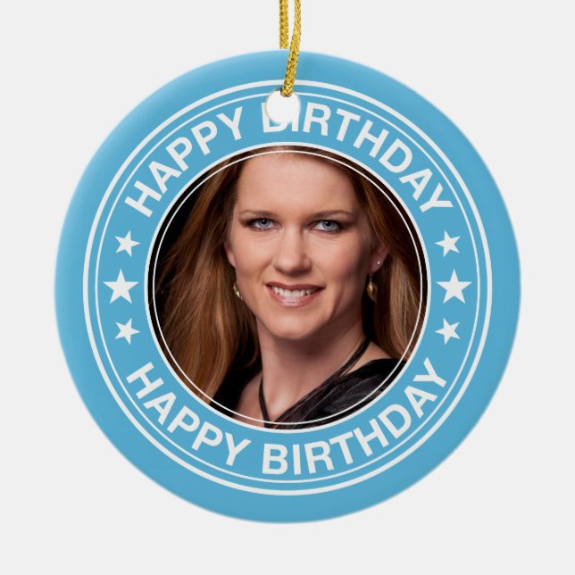 Happy Birthday Picture Frame in Blue Ceramic Ornament (Front)