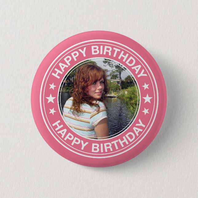 Happy Birthday picture Frame in Pink 6 Cm Round Badge (Front)