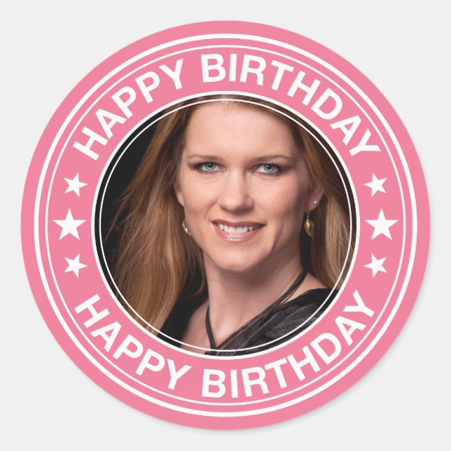 Happy Birthday picture Frame in Pink Classic Round Sticker (Front)