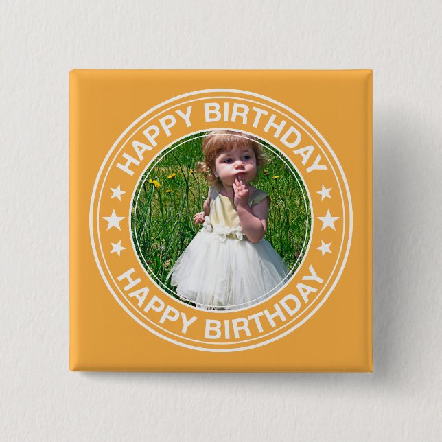 Happy Birthday picture Frame in Yellow 15 Cm Square Badge (Front)