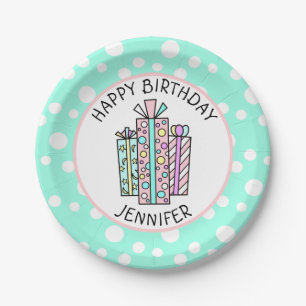 Happy Birthday Pink and Mint Green Girl's Paper Pl Paper Plate