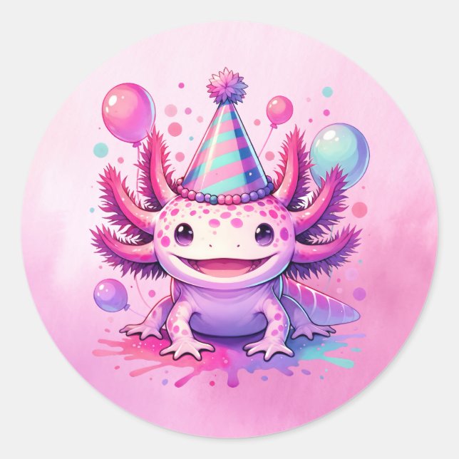 Happy Birthday Pink and Purple Axolotl  Classic Round Sticker (Front)