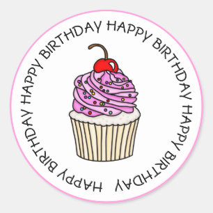 Happy Birthday Pink and Vanilla Cupcake Classic Round Sticker