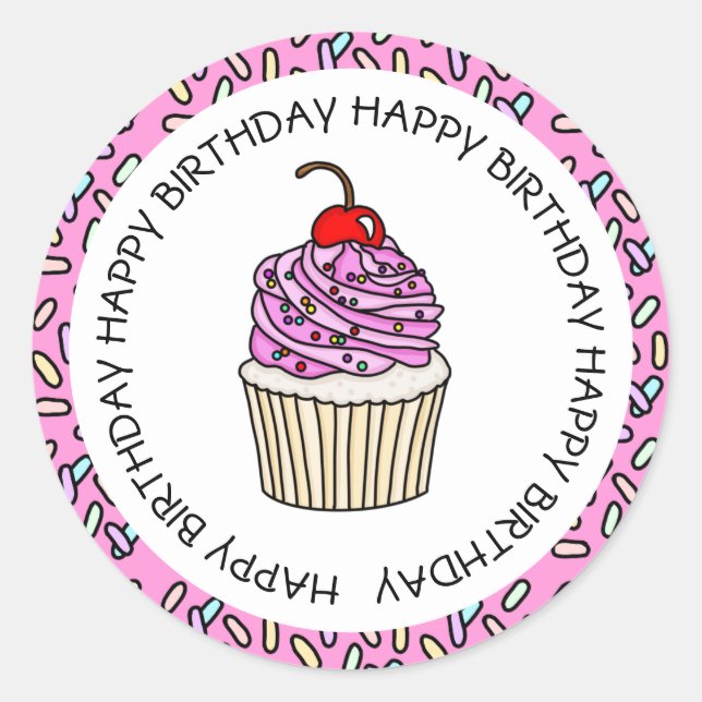 Happy Birthday Pink and Vanilla Cupcake  Classic Round Sticker (Front)