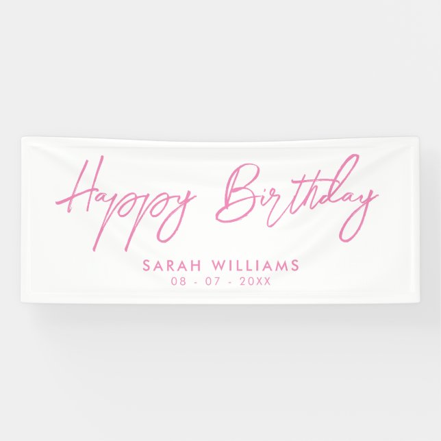 Happy Birthday Pink and White Modern Script Banner (Horizontal)