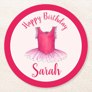 Happy Birthday Pink Ballet Dance Ballerina Tutu Round Paper Coaster