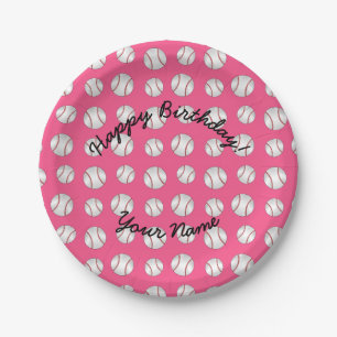 Happy Birthday pink baseball Paper Plate