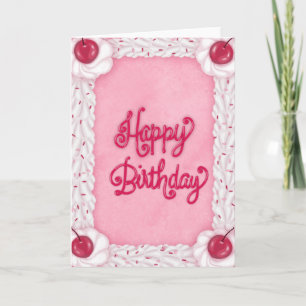 Happy Birthday Pink Cake Card Cherry Vintage