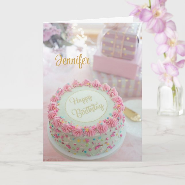 Happy Birthday Pink Cake Personalise Greeting Card (Orchid)