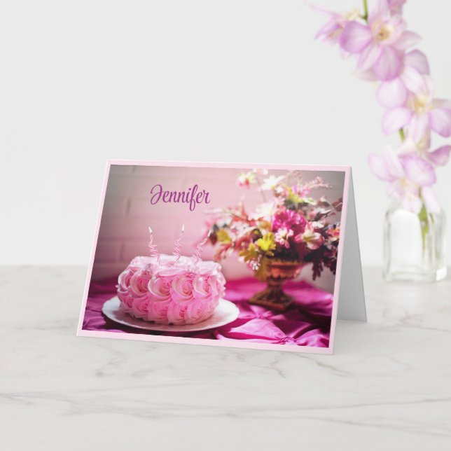 Happy Birthday Pink Cake Personalise Greeting Card (Orchid)