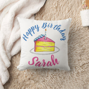 Happy Birthday Pink Cake Slice Candle Party Favour Cushion