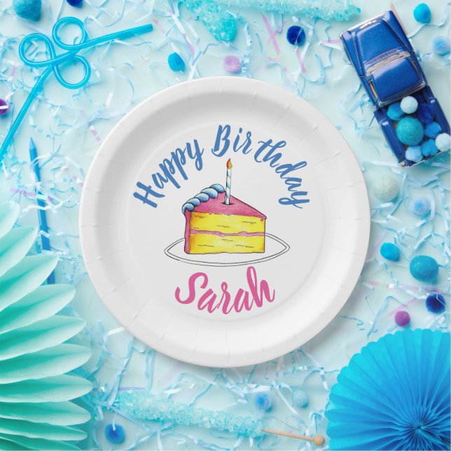 Happy Birthday Pink Cake Slice Candle Party Favour Paper Plate (Party)