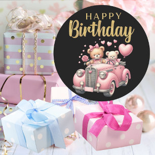 Happy Birthday Pink Car and Bears Sticker