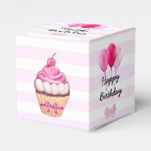 Happy Birthday Pink Cherry Cupcake with Bows Box